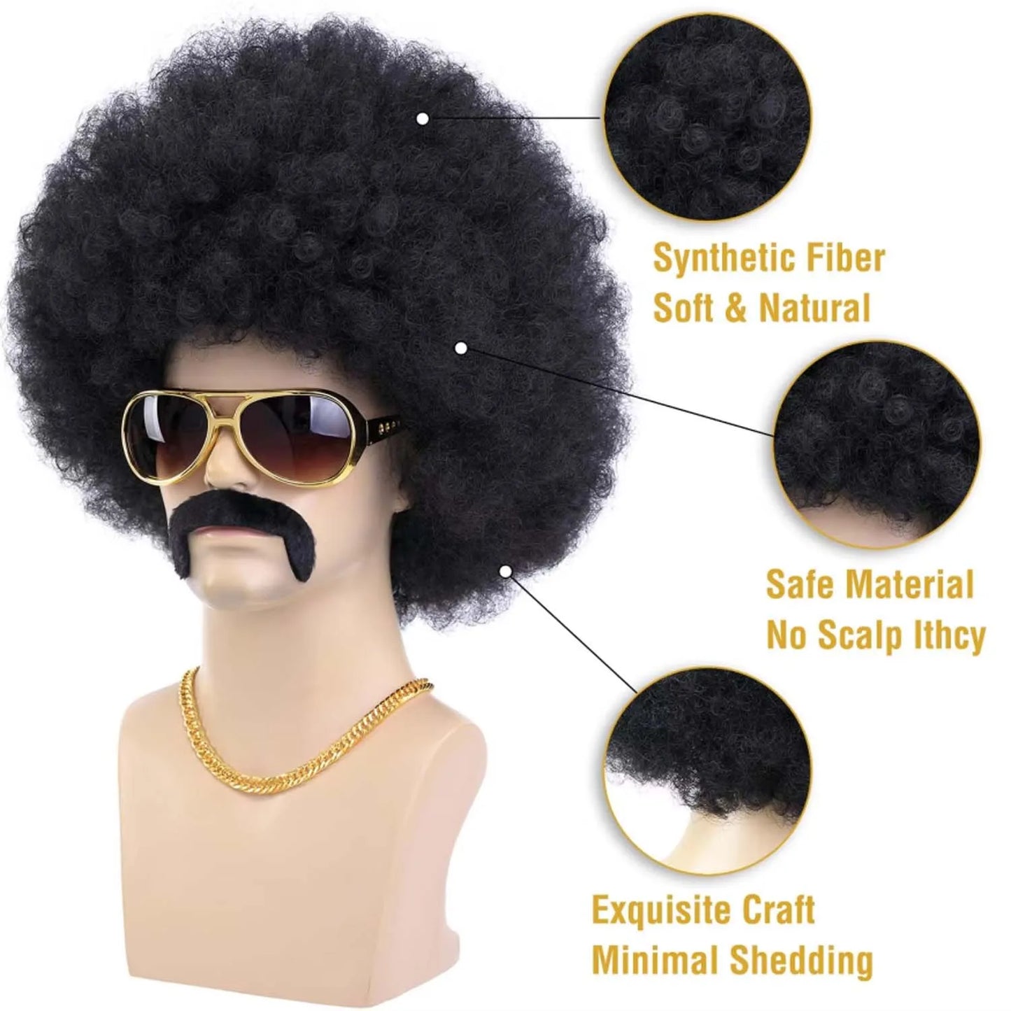 Men’s 70s Disco Wig & Accessories Set – Afro Wig, Mustache, Shades & Disco Chain – Light-brown