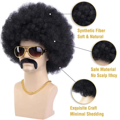 Men’s 70s Disco Wig & Accessories Set – Afro Wig, Mustache, Shades & Disco Chain – Light-brown
