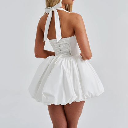 Women’s Halter Mini Dress – Sleeveless, Bubble Skirt, Tie-Back