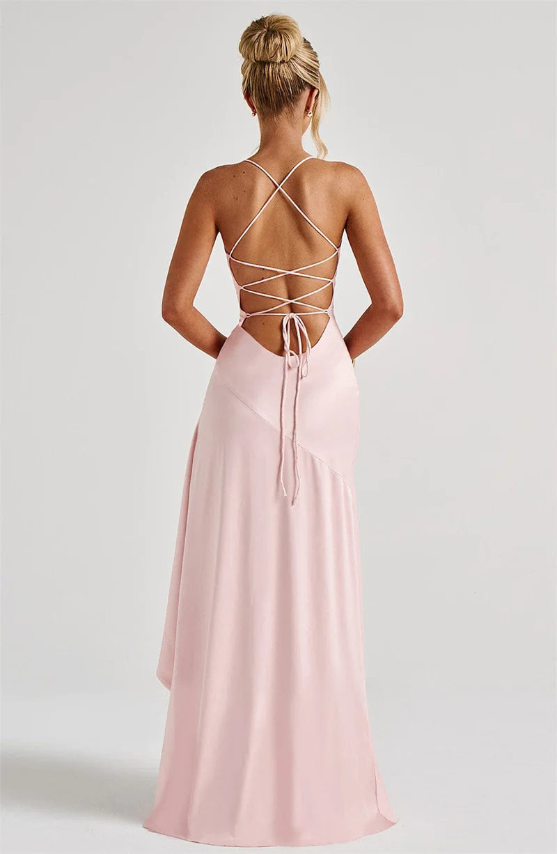 Women’s Satin Spaghetti Strap Maxi Dress – Ruffle Thigh Split, Backless