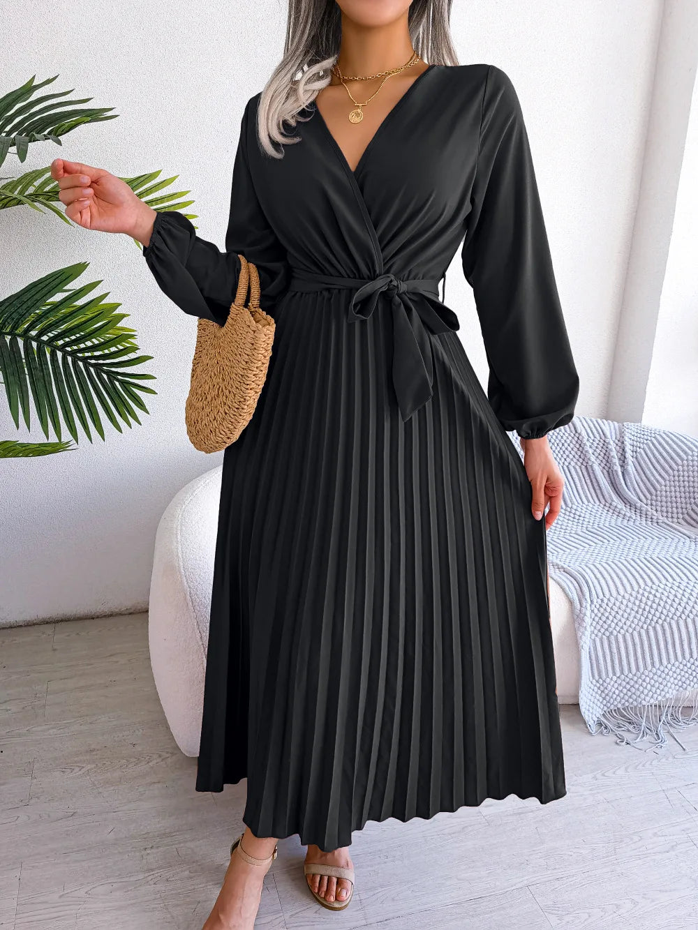Women’s Pleated V-Neck Maxi Dress – Long Sleeve, Belted Waist