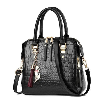 Women’s Croc-Pattern Faux Leather Shoulder Bag – Tassel Detail Handbag