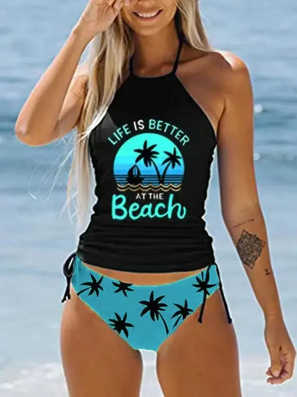 Women’s Halter Tankini Set – Drawstring Side Top & Bikini Bottom