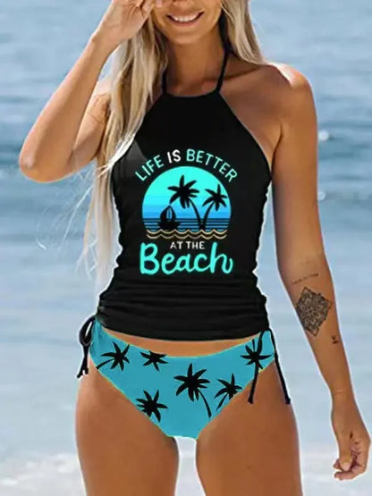 Women’s Halter Tankini Set – Drawstring Side Top & Bikini Bottom
