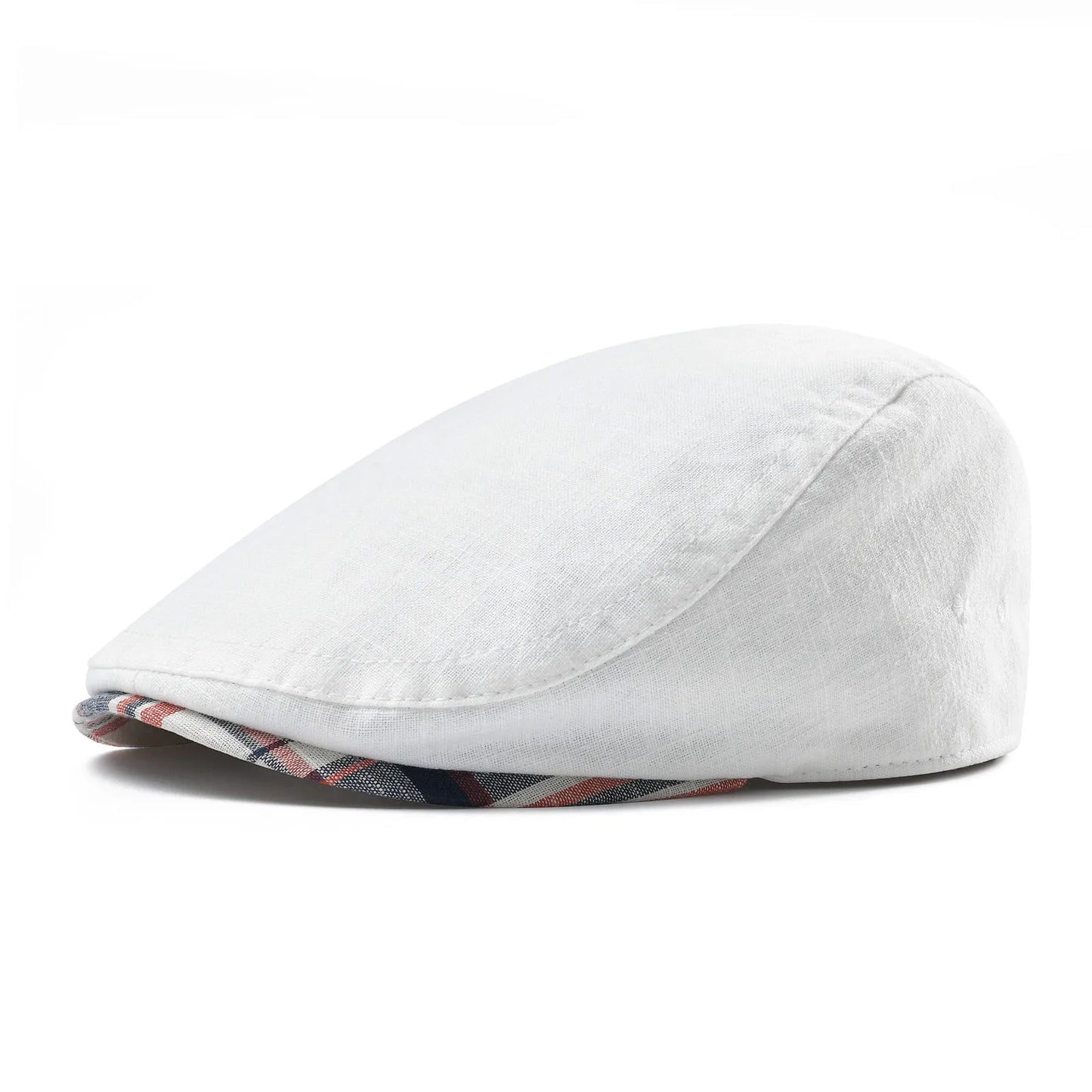 White flat cap with plaid pattern on a white background