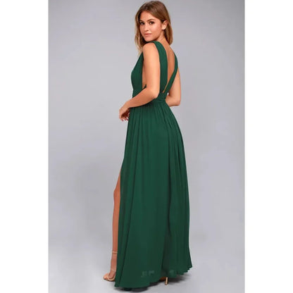 Backless Deep-V Chiffon Maxi Dress – Flowy Slit Evening Gown