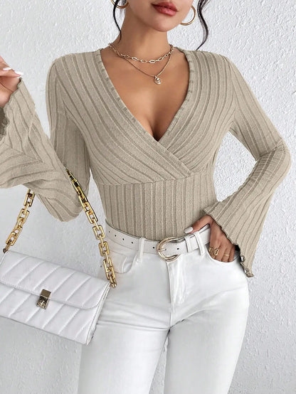 Ribbed Flare-Sleeve V-Neck Knit Top – Slim Fit, Fall/Winter Essential