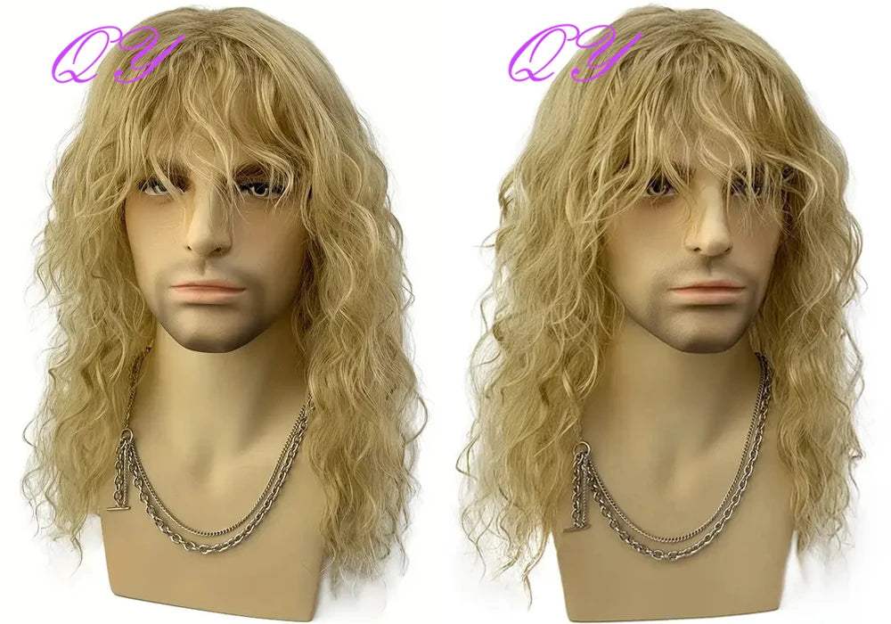 Synthetic Men Wig Natural Curly Dark Brown Color Male Wig With Bangs Water Wave Daily or Cosplay Adjustable Man Hair Wig