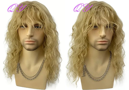 Synthetic Men Wig Natural Curly Dark Brown Color Male Wig With Bangs Water Wave Daily or Cosplay Adjustable Man Hair Wig