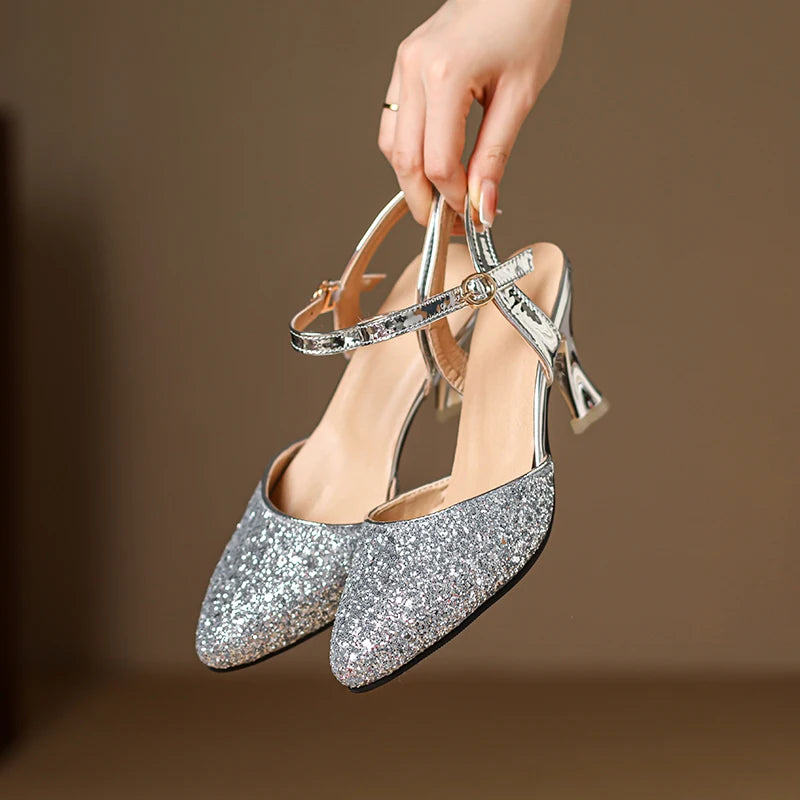Women's Glitter Closed-Toe Kitten Heels with Ankle Strap
