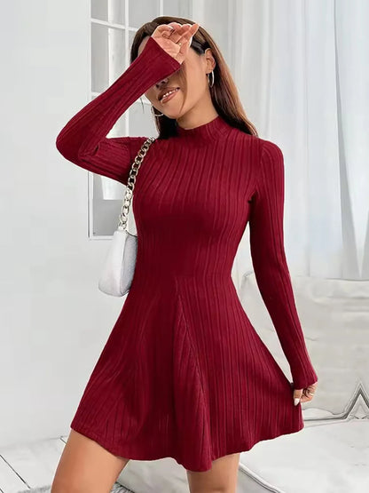 Women’s Ribbed A-Line Knit Mini Dress – Long Sleeve, Mock Neck, Slim Fit