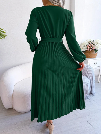 Women’s Pleated V-Neck Maxi Dress – Long Sleeve, Belted Waist