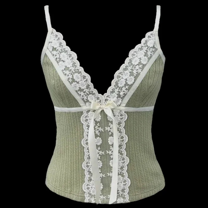 Women’s Lace Trim Bow Tank Top – Coquette Y2K Spaghetti Strap Cami