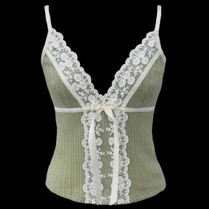 Women’s Lace Trim Bow Tank Top – Coquette Y2K Spaghetti Strap Cami