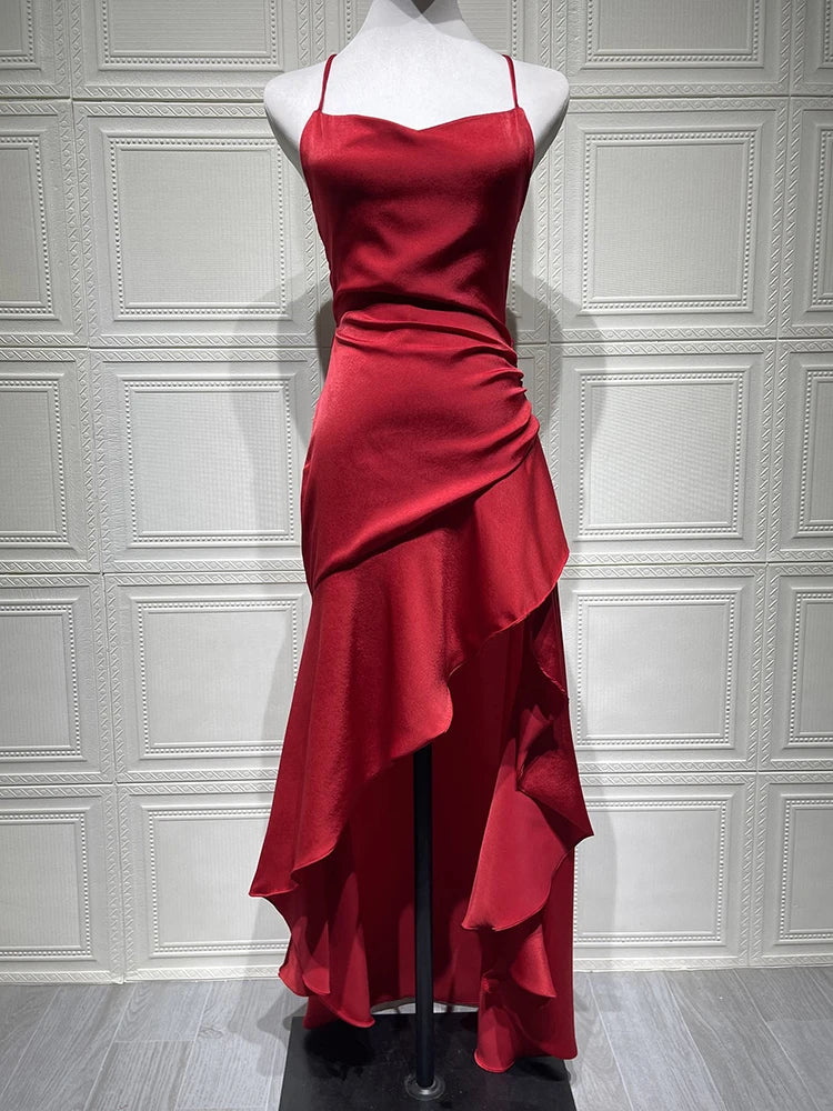 Women’s Satin Spaghetti Strap Maxi Dress – Ruffle Thigh Split, Backless