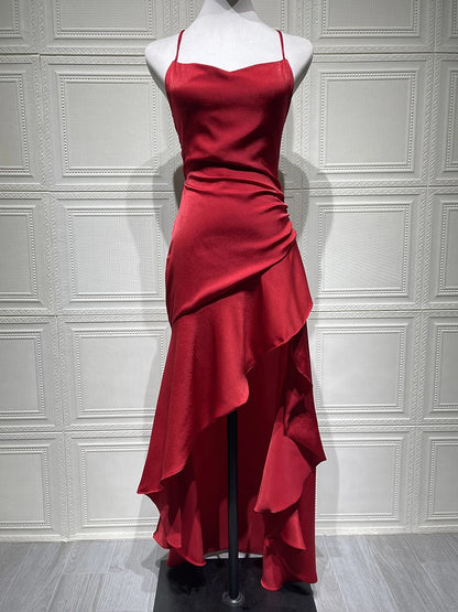 Women’s Satin Spaghetti Strap Maxi Dress – Ruffle Thigh Split, Backless