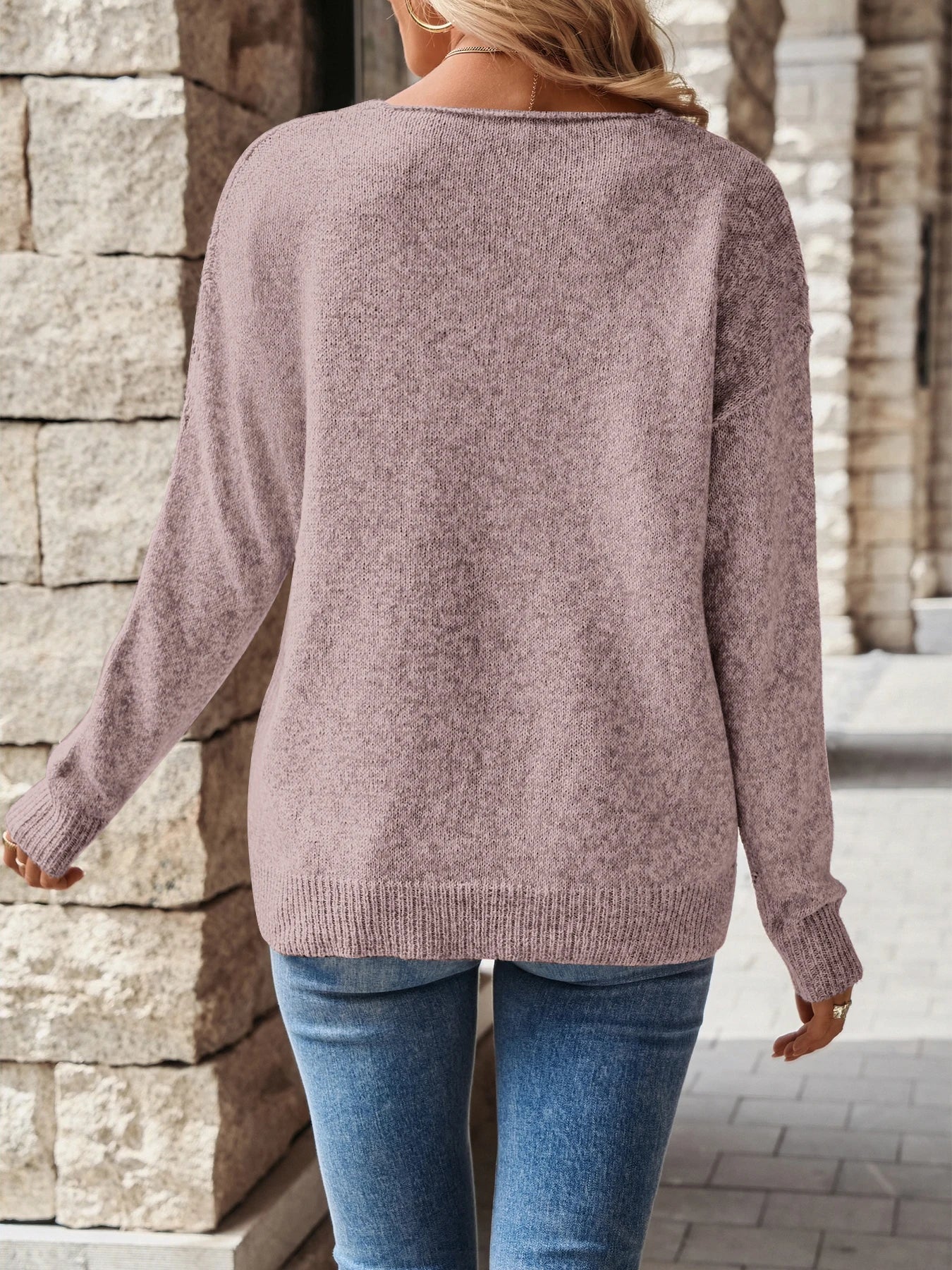 Women’s V-Neck Knit Sweater – Hollow-Out Design, Medium Stretch, All-Season Comfort