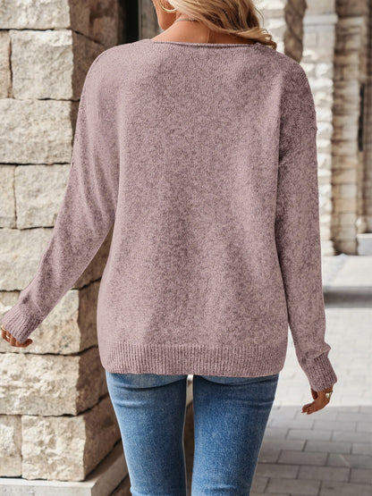 Women’s V-Neck Knit Sweater – Hollow-Out Design, Medium Stretch, All-Season Comfort
