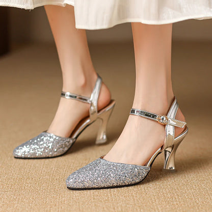 Women's Glitter Closed-Toe Kitten Heels with Ankle Strap