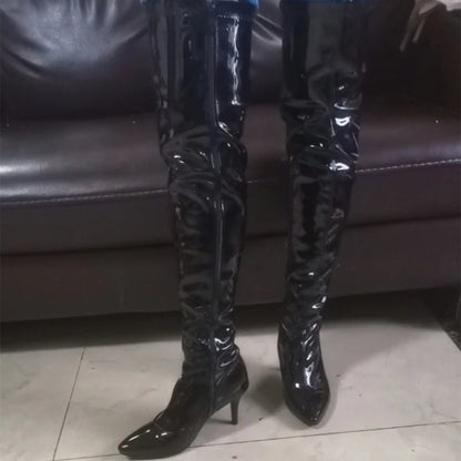 Women’s Over-the-Knee Patent Boots – Pointed Toe, Side-Zip, Stiletto Heel