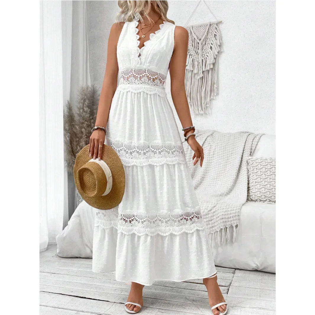 Women’s Lace V-Neck Maxi Dress – High Waist, Ankle Length