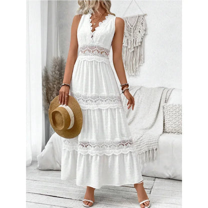 Women’s Lace V-Neck Maxi Dress – High Waist, Ankle Length