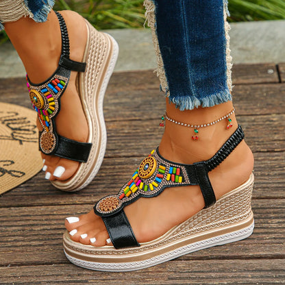 Women’s Boho Platform Wedge Sandals – Beaded Summer Comfort Shoes