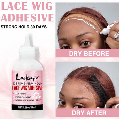 Lace wig adhesive bottle with application process on a woman's head, showing 'Dry Before' and 'Dry After' stages.