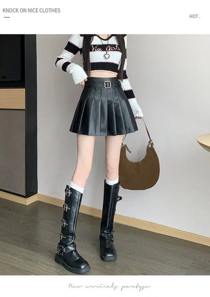 Women’s Pleated PU Mini Skirt with Belt – High-Waist, A-Line