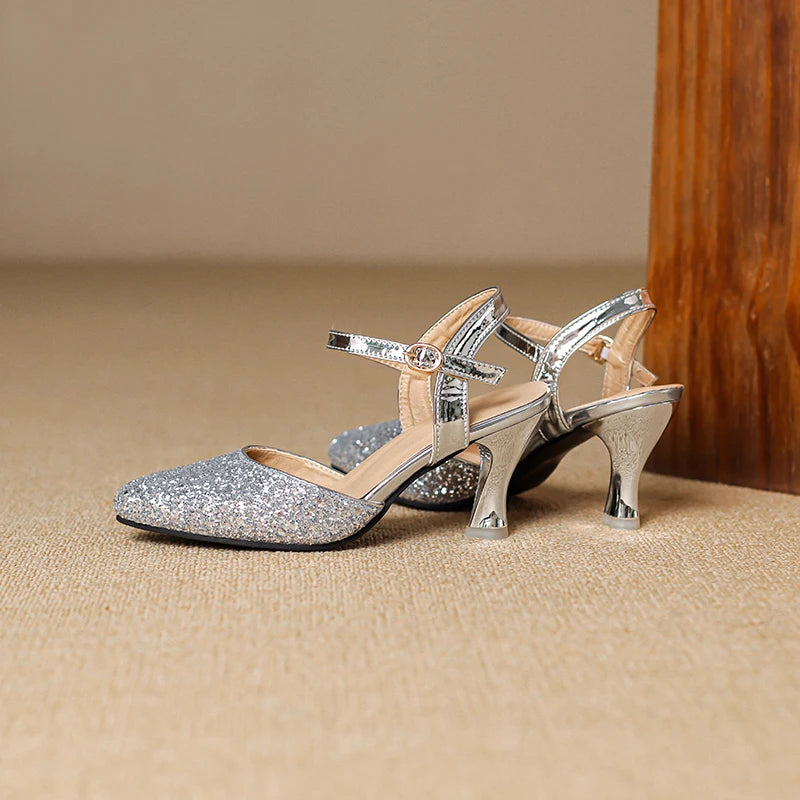 Women's Glitter Closed-Toe Kitten Heels with Ankle Strap