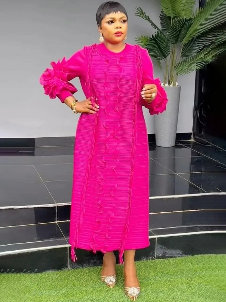 Elegant Pleated Lantern-Sleeve Midi Dress