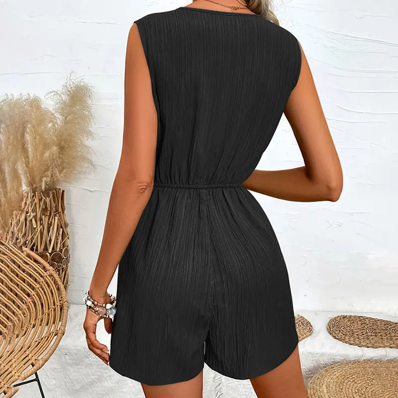 Women’s Pleated V-Neck Romper – High Waist, Sleeveless