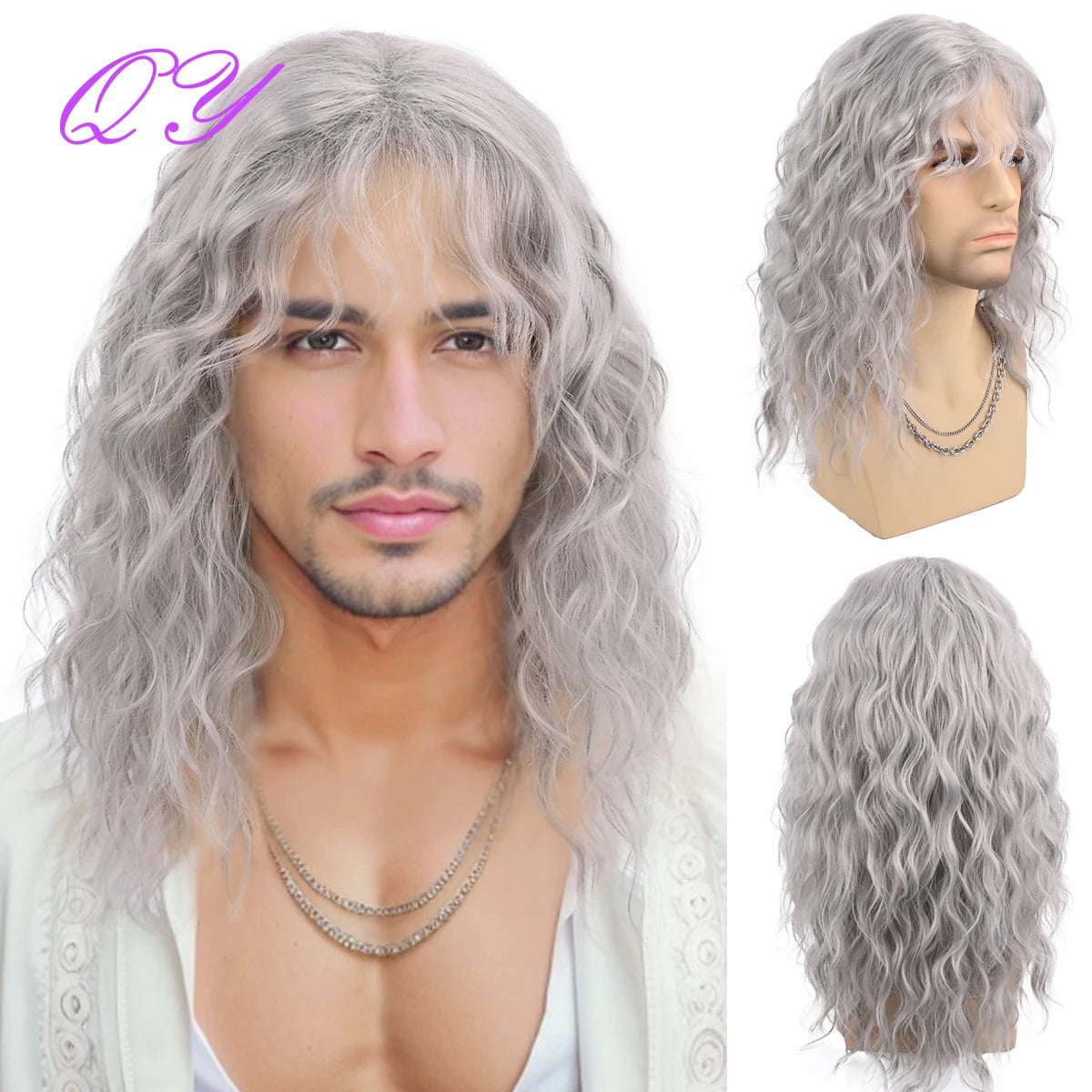 Synthetic Men Wig Natural Curly Dark Brown Color Male Wig With Bangs Water Wave Daily or Cosplay Adjustable Man Hair Wig