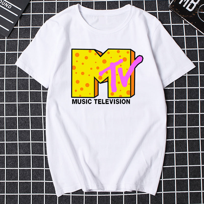 Men’s 80s Graphic T – Shirt – Retro Music Print Tee – White Classic Logo – M