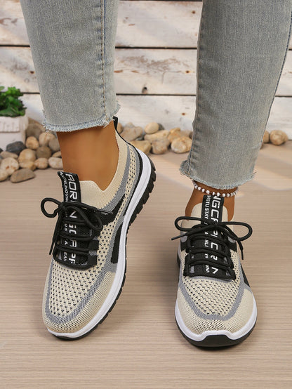 Women’s Lightweight Patchwork Lace-Up Sneakers – Casual Travel Walking Shoes