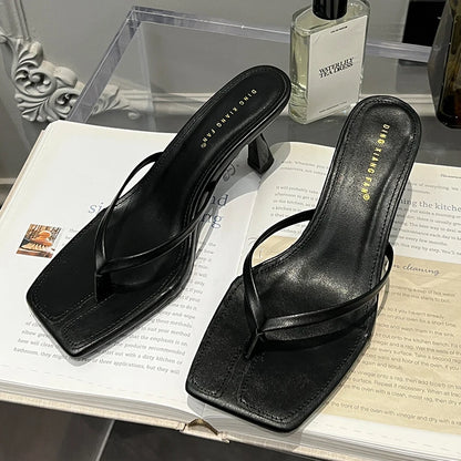 Women’s Strappy Heeled Flip Flop Sandals – Square Toe Slip-On Heels