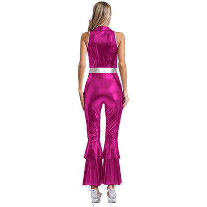 Women’s 70s Metallic Disco Jumpsuit – Sleeveless High – Waist Flared Costume – Hot Pink – S