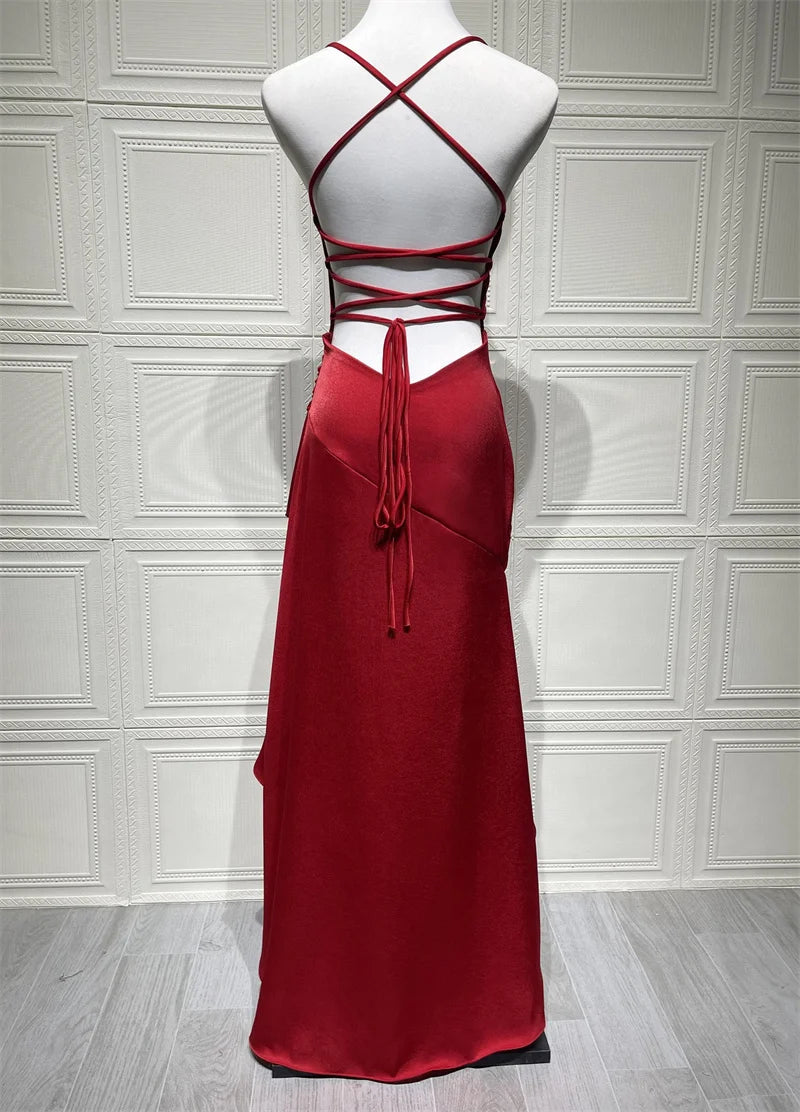 Women’s Satin Spaghetti Strap Maxi Dress – Ruffle Thigh Split, Backless