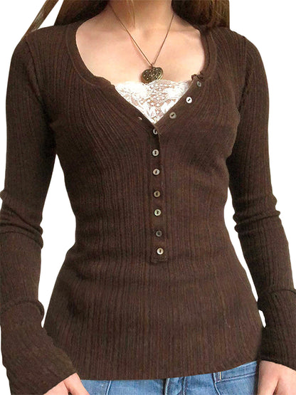Women’s Ribbed Button-Front Knit Top – Slim Fit Long Sleeve