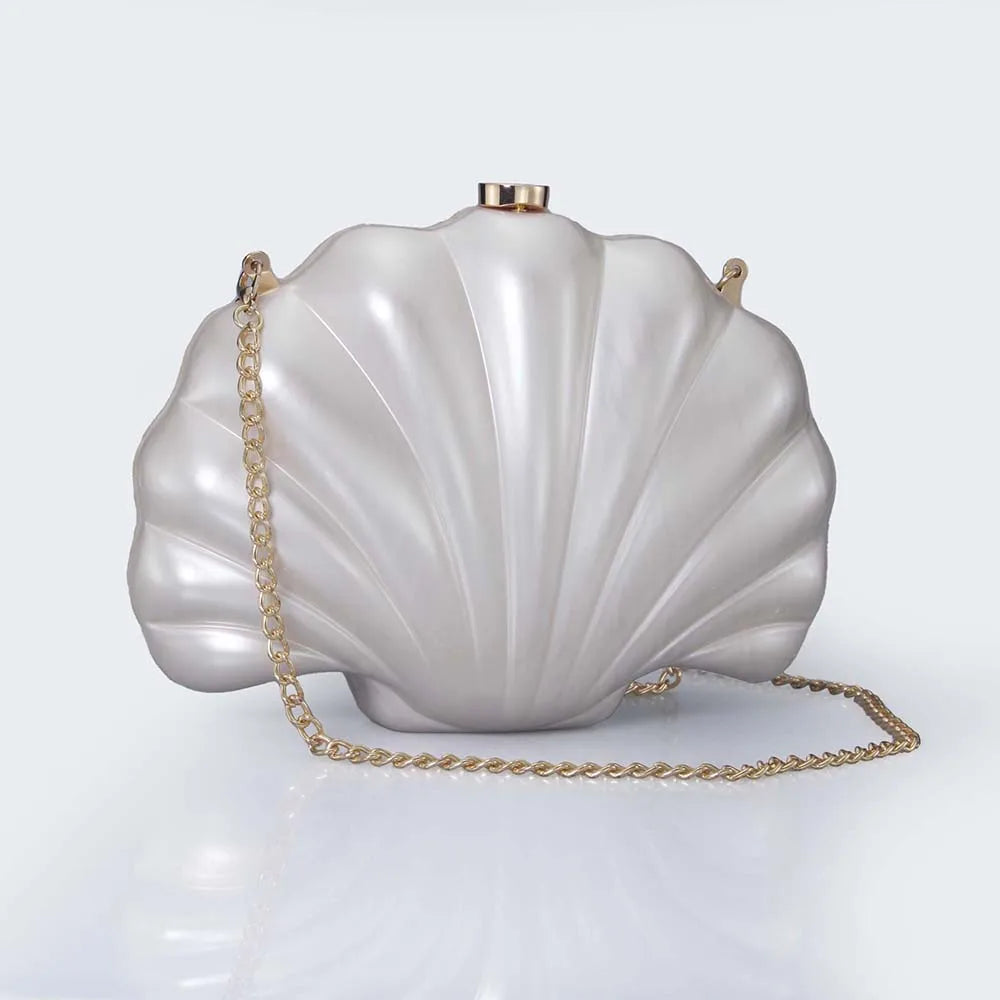 Shell Clutch Evening Bag – Beaded Handle, Formal Elegance