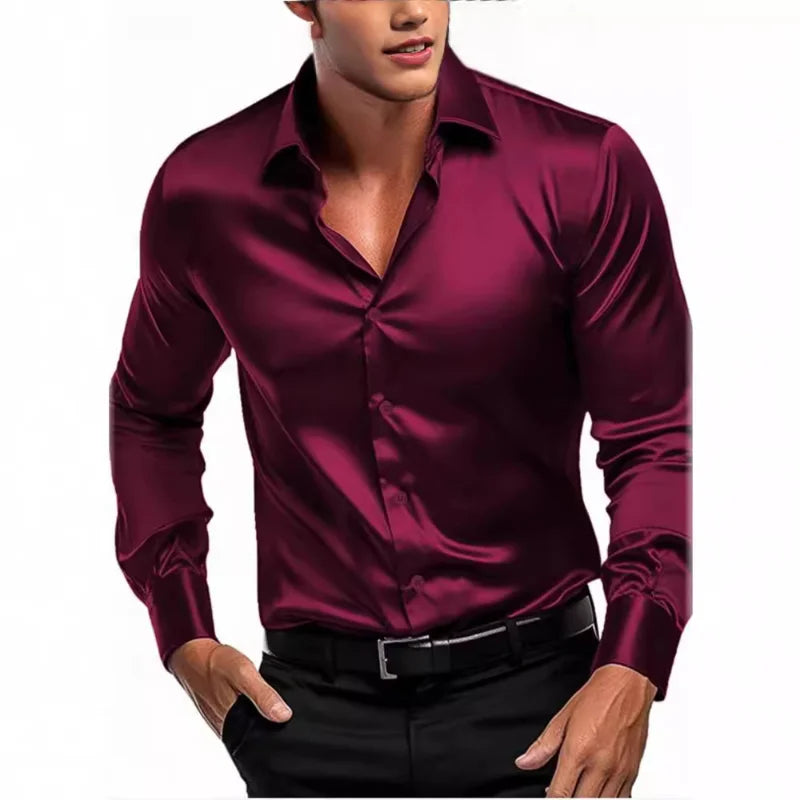 Men’s Satin Long-Sleeve Dress Shirt – Silky Luxury Button-Up - The Dock Drop