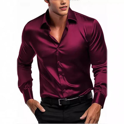 Men’s Satin Long-Sleeve Dress Shirt – Silky Luxury Button-Up - The Dock Drop