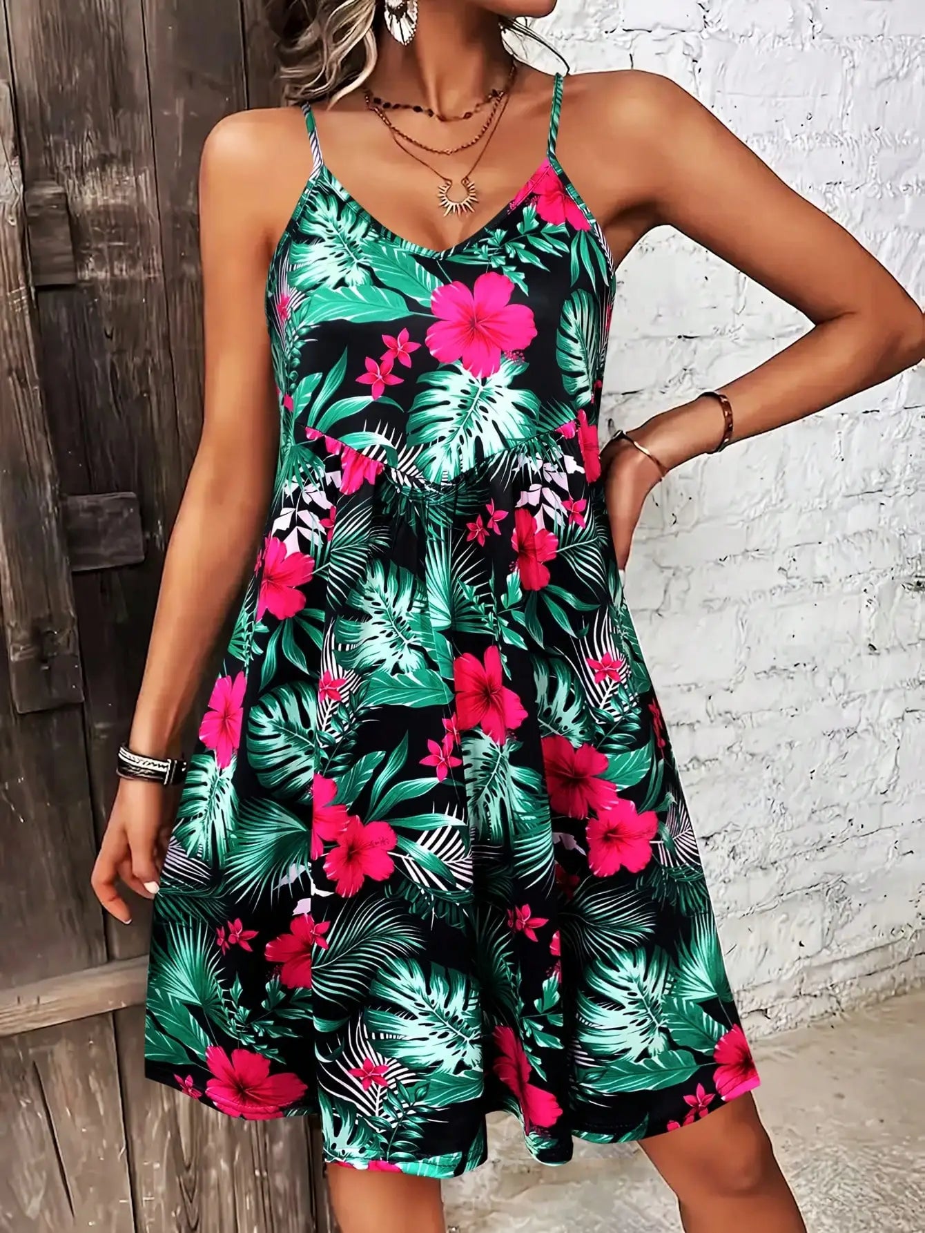 Tropical Print V-Neck Sundress