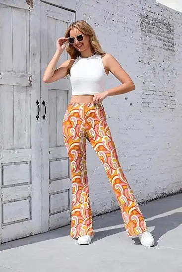 Women’s 70s Floral Bell Bottom Pants – High – Waist Flare Trousers – Red-floral – XL