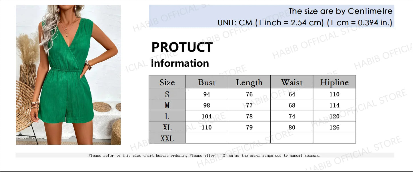 Women’s Pleated V-Neck Romper – High Waist, Sleeveless