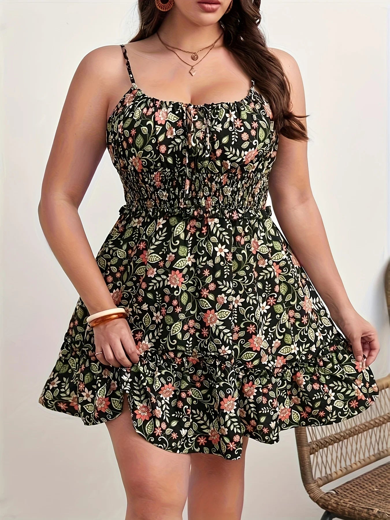 Plus Size Floral Ruffle Sling Dress – Summer Cruise Casual, Lightweight & Flowy