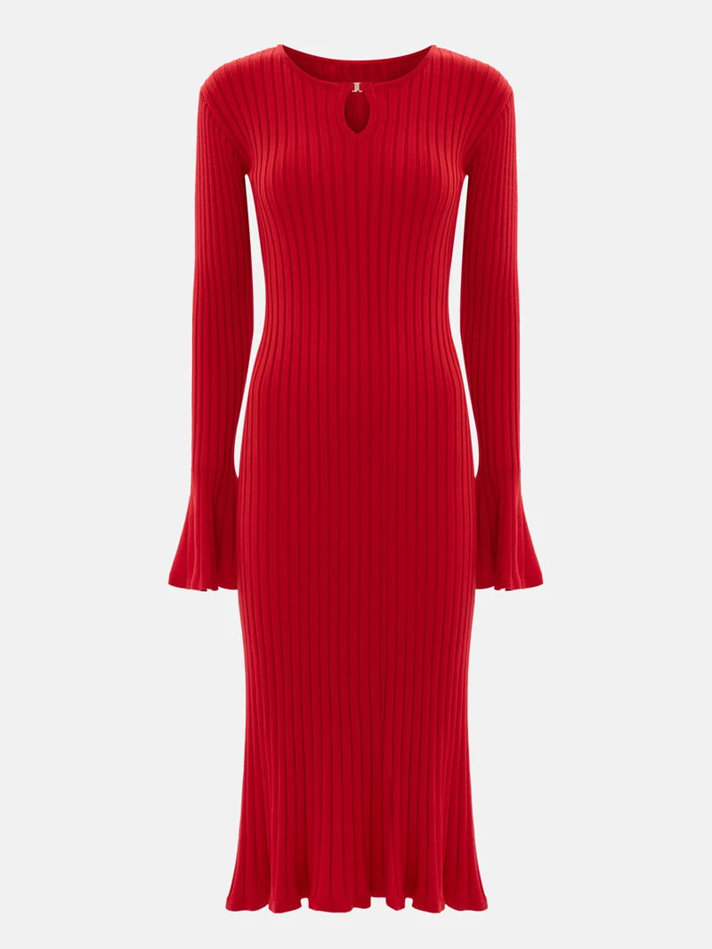 Women’s Rib-Knit Midi Dress – Long Sleeve, Flare Cuffs, Bodycon Fit