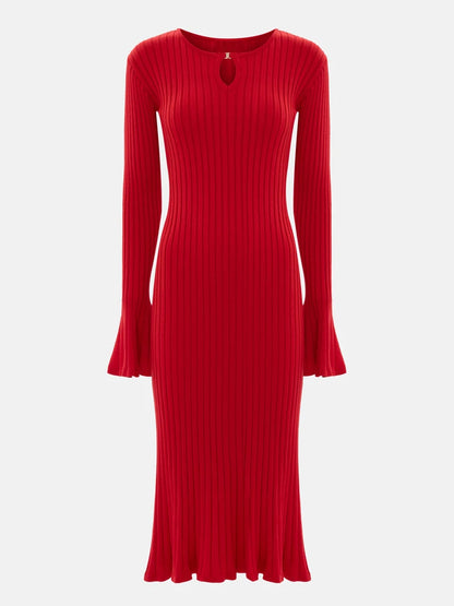 Women’s Rib-Knit Midi Dress – Long Sleeve, Flare Cuffs, Bodycon Fit
