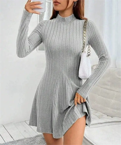 Women’s Ribbed A-Line Knit Mini Dress – Long Sleeve, Mock Neck, Slim Fit
