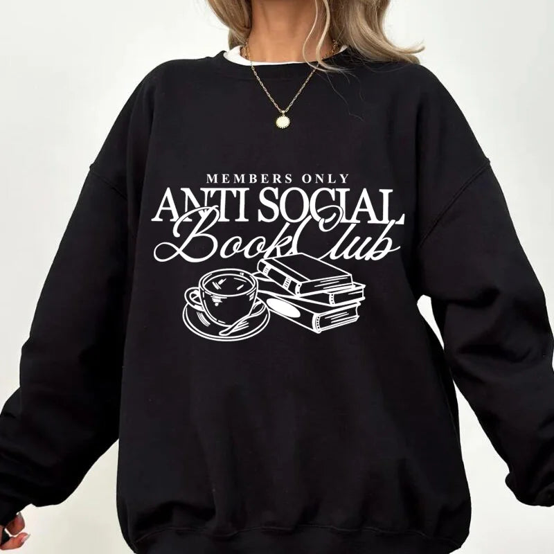 Women's "anti Social Book Club" Sweatshirt – Cozy Reader Crewneck Pullover – White – L